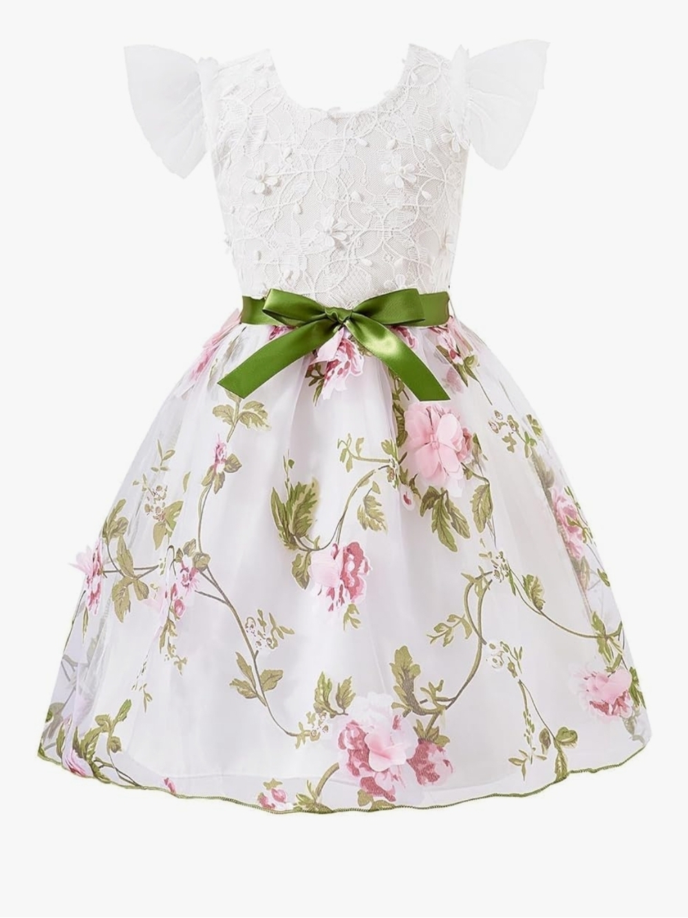 White & Pink Floral Lace Tulle Flower Girl Dress with Green Sash